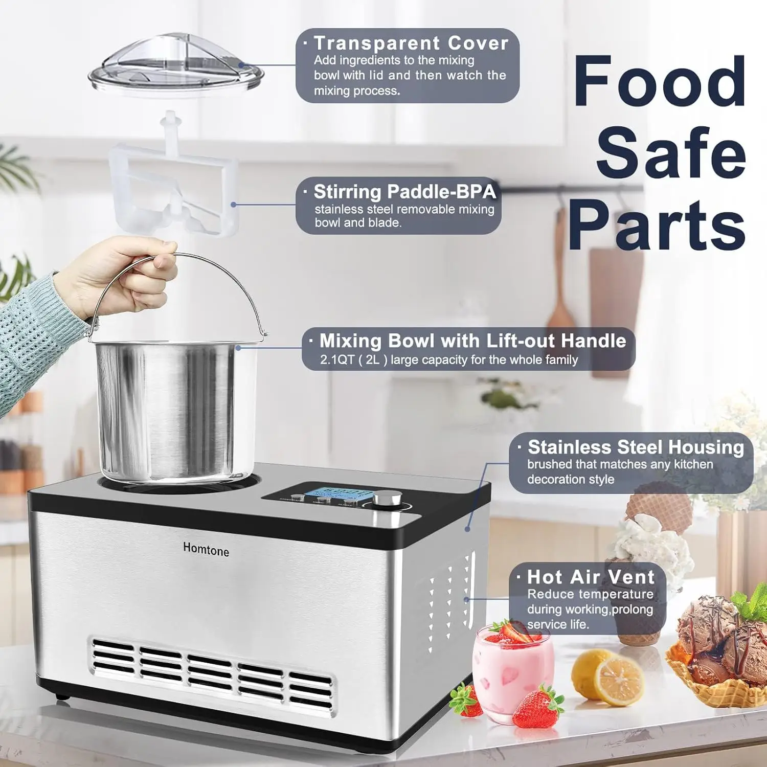 Machine à crème glacée automatique sans précongélation, 2.1 pintes, avec compresseur intégré et minuterie LCD pour crème glacée de direction, pour déficit