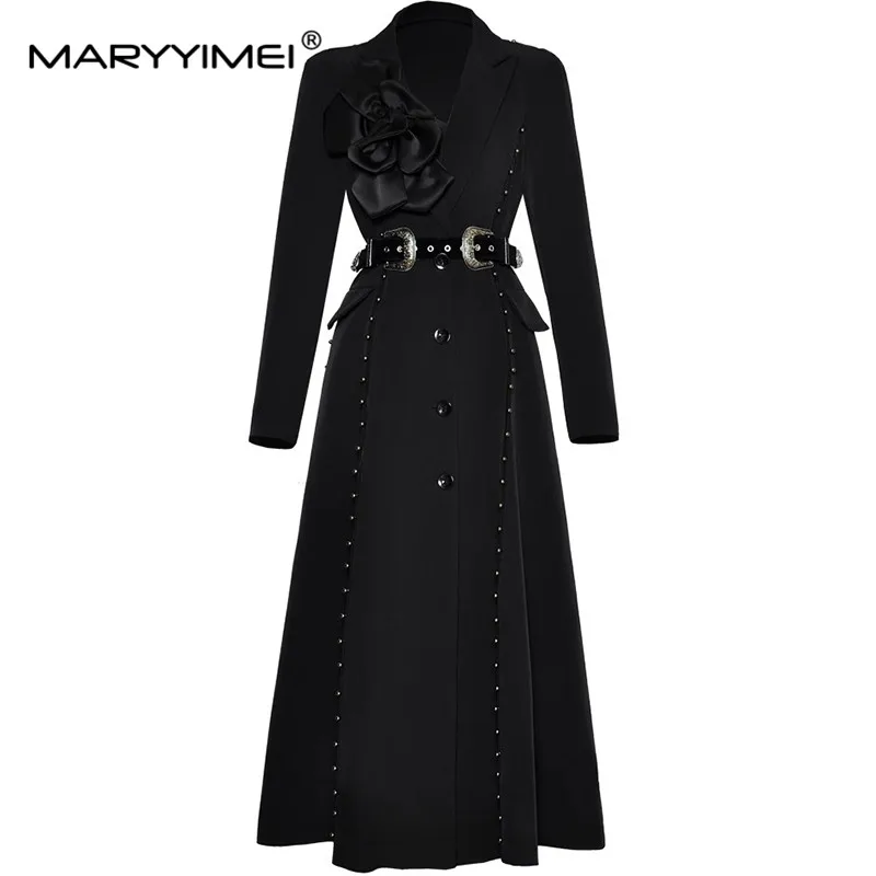 

MARYYIMEI Autumn and Winter New style Women's Coat Long-Sleeved Single-Breasted Lace-Up Appliques Design Black Overcoat