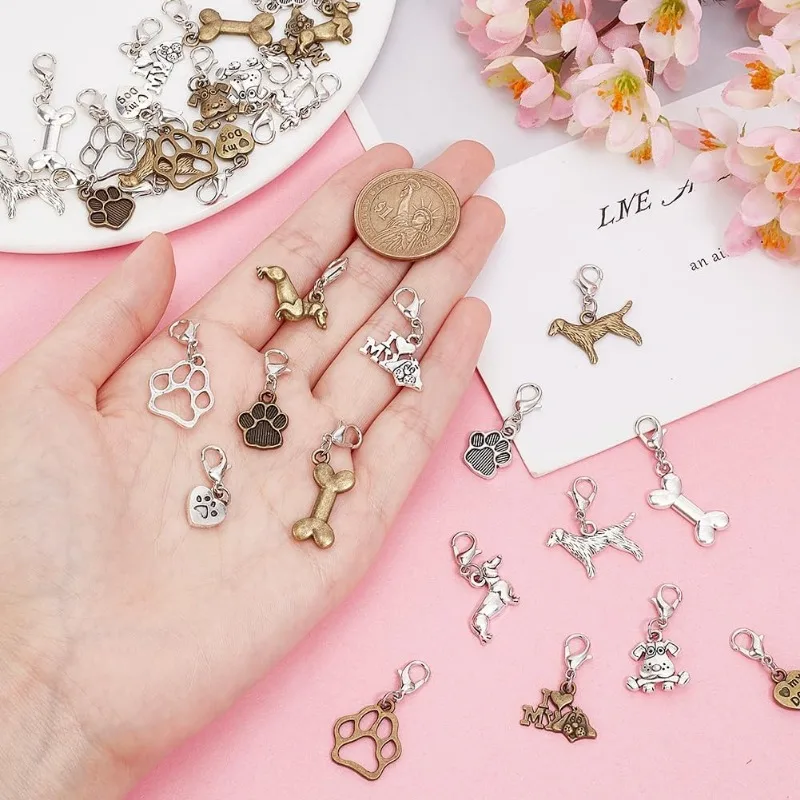 32 Pcs 8 Styles Dog Zipper Pull Charms Pet Theme Alloy Zipper Pendant Bone Paw Print Zipper Pull Zipper Pull Decoration