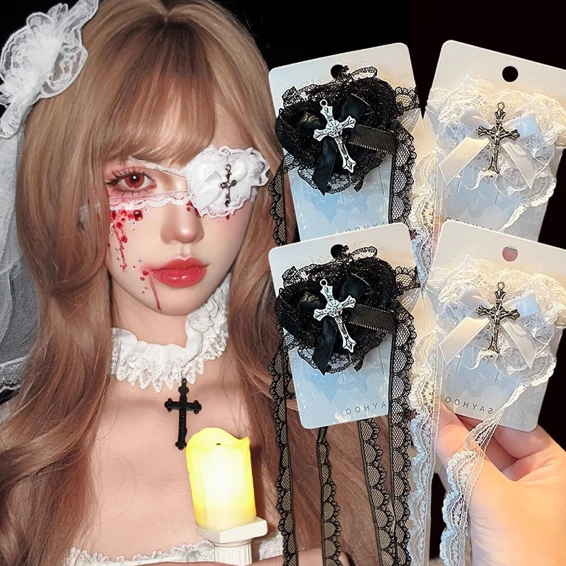 2 Stück Gothic Punk Schwarz Weiß Spitze Schleifen Herz Kreuz Augenmaske Geeignet für Weihnachten Lolita Y2K Süße Coole Augenmaske COS Zubehör