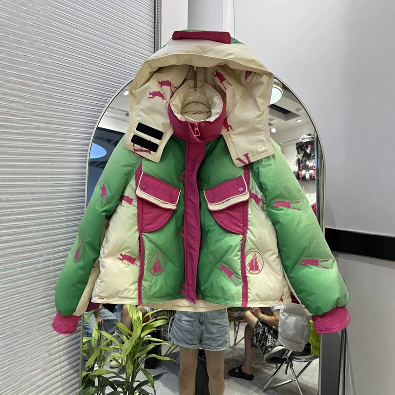 

Winter Patchwork Hooded Parkas Jacket Women White Duck Down Puffer Thicken Jacket Women Double Pocket Loose Short Outwears Coat