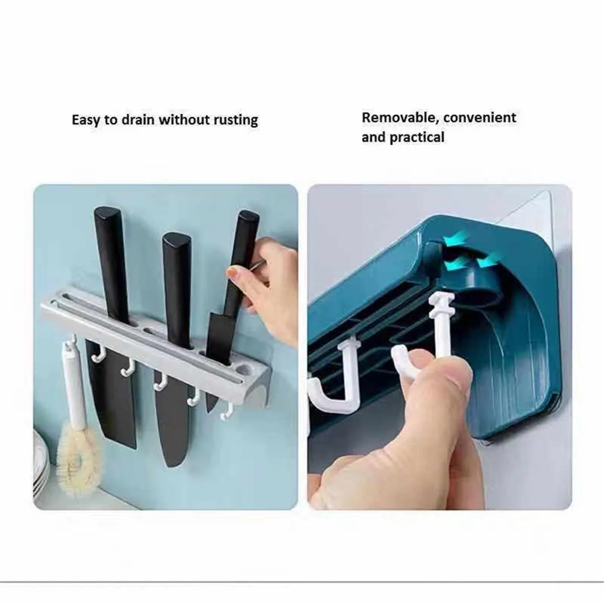 Wall-Mounted Kitchen Rack Knife Holder Storage Shelf with 6 Hooks Cutlery Organizer Household Accessories Blue