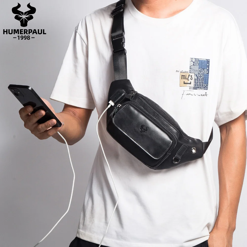 HUMERPAUL Men's Cowhide Leather Waist Bag Fashion Crossbody Chest Pack with USB Charging Port Multifunctional Sports Sling Bag