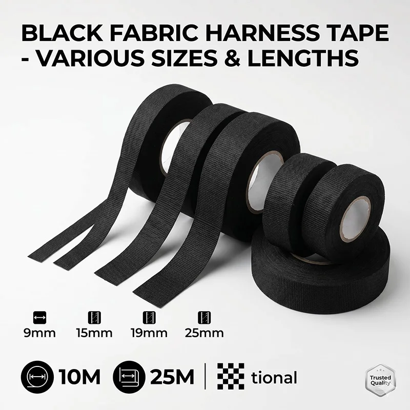 Automotive Wiring Harness Tape Black Fabric Cloth Tape Adhesive Insulation Electrical Tape 9/15/19/25mm Width 10/25M Length