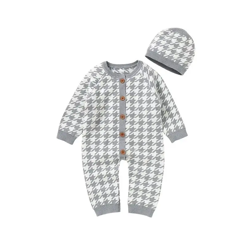 Newborn Boys Girls Jumpsuits Hats Outfits 0-18m Suit Baby Cotton Rompers Clothes Spring Autumn Casual Crew Neck Long Sleeve Knit