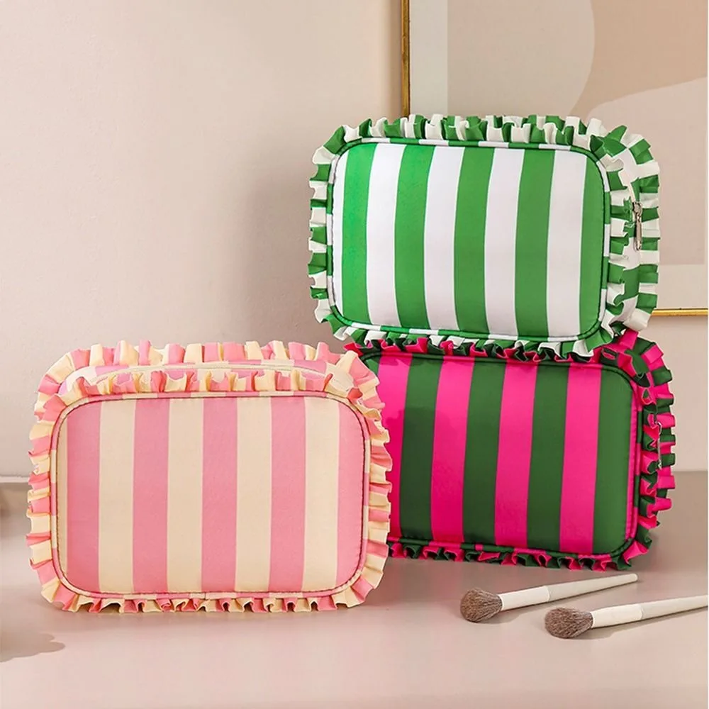 Ruffle Decoration Striped Cosmetic Bag Colorful Zip Top Women's Makeup Case Large Capacity Oxford Travel Zipper Pouch