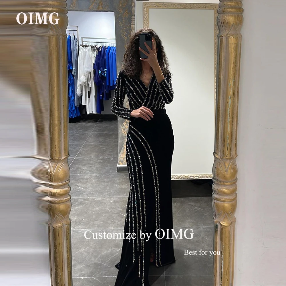 

OIMG Modest Glitter Velour Beads Long Sleeves Prom Dresses Mermaid V Neck Split Women Black Evening Gowns Formal Occasion Dress