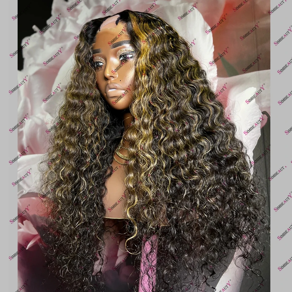 Natural Loose Curly 100% Human Hair U Part Wig for Black Women Blonde Highlight 250% Density Indian Remy Hair V Part Wig