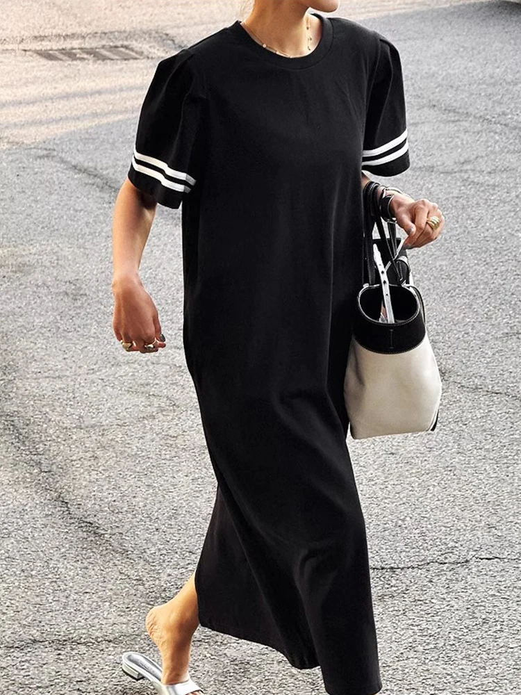 فستان SuperAen بياقة كحلي قابل للفصل للنساء صيفي جديد فضفاض بأكمام قصيرة تي شيرت طويل