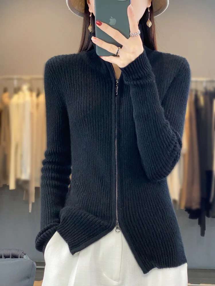 2024 High Quality Women Sweater Spring Autumn Warm Long Sleeve Cardigan 100% Merino Wool Fashion Zipper Knit Sweater Women Coat