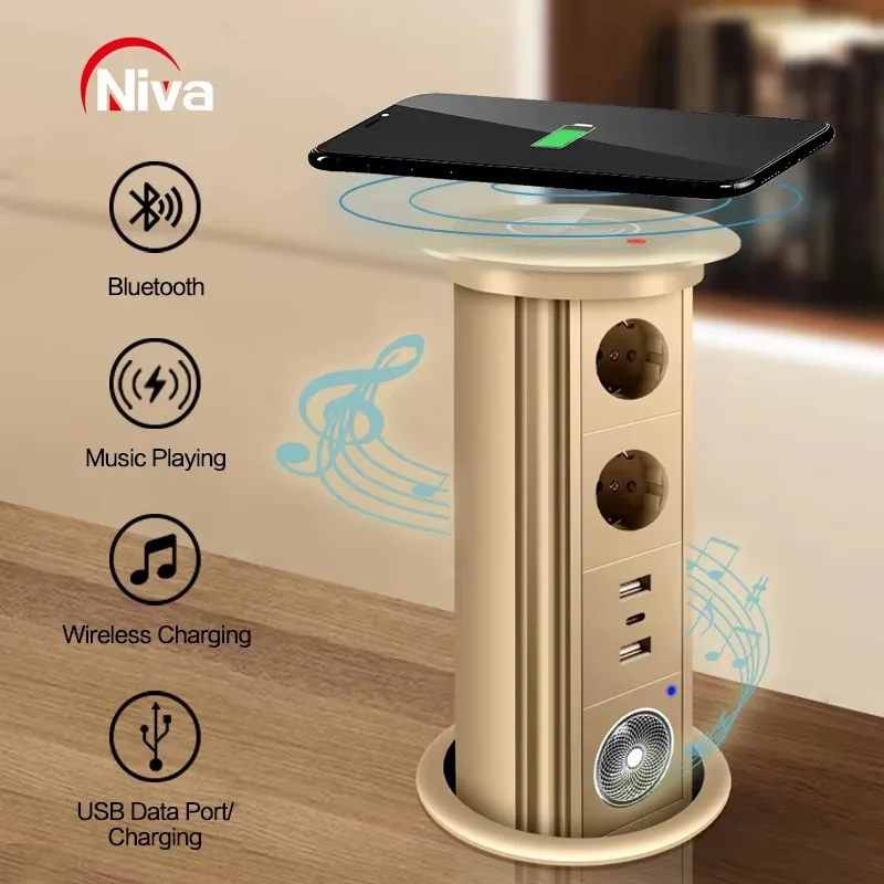 Modern Pop ABS Tabletop Socket 13A 100-250V USB Type C Ports 4 AC Outlets Wireless Charging Kitchen Lifting Hidden Design