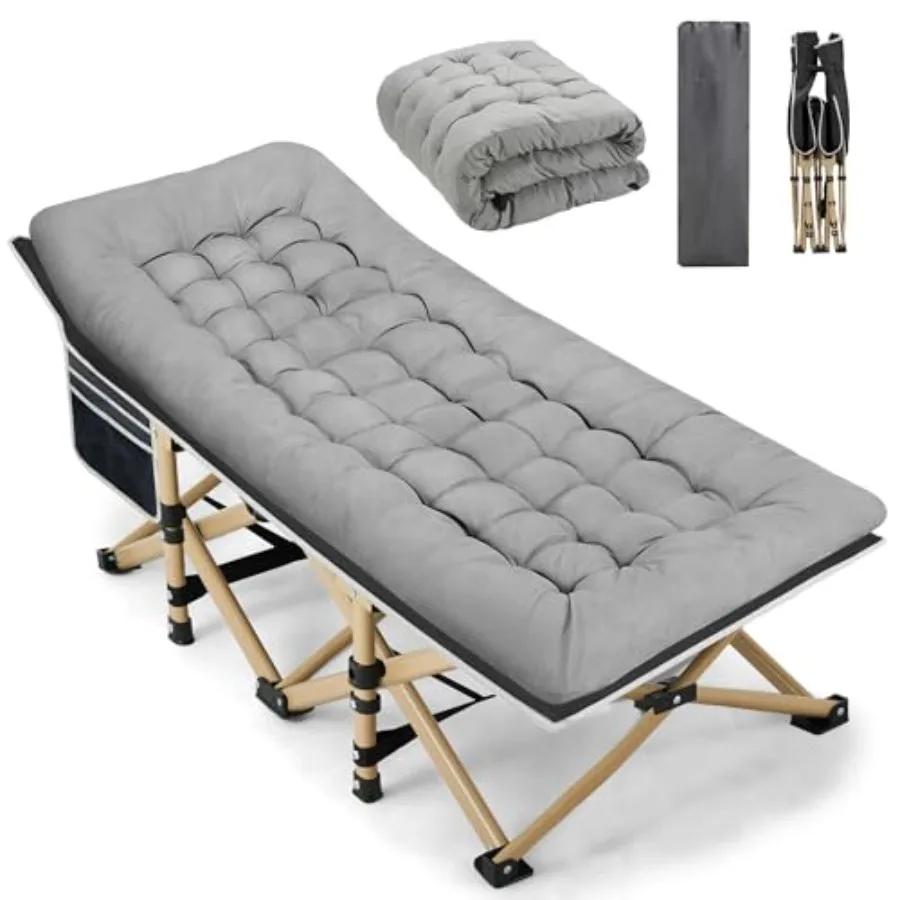 

Портативная раскладная кровать для кемпинга, максимальная нагрузка 600 фунтов, сверхширокая, с толстым матрасом, для отдыха на природе/офиса/дома, серая