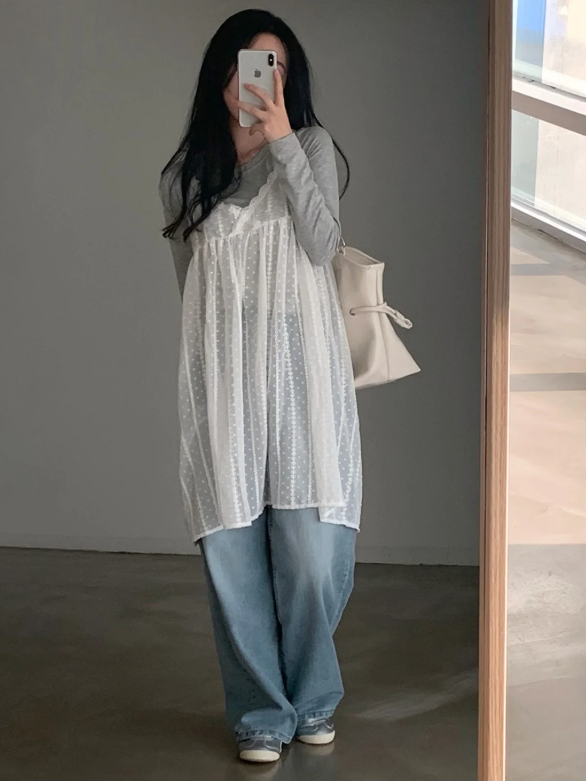 Vestido f com decote ter, renda, psado, malha, com bolinhas em camadas, estilo jovem, sem mangas, poliéster.