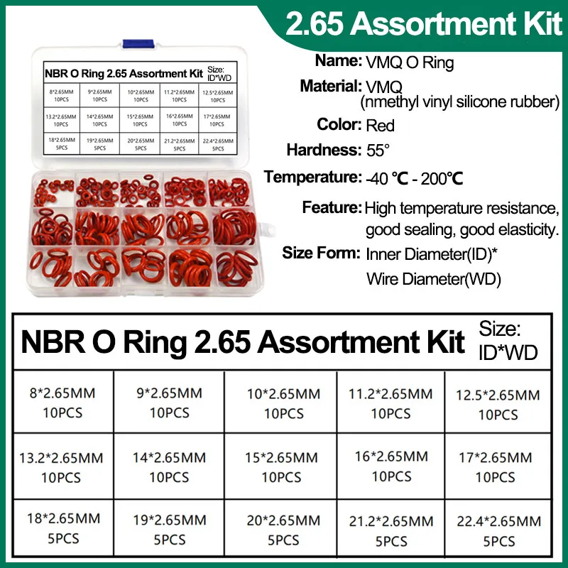 VMQ O-Ring-Dichtungsscheiben-Set aus Silikonkautschuk, FKM-Sortimentssätze für O-Ring-Dichtungen aus Fluorkautschuk, für die Autoreparatur von Luftgasaanschlüssen – Detail 16