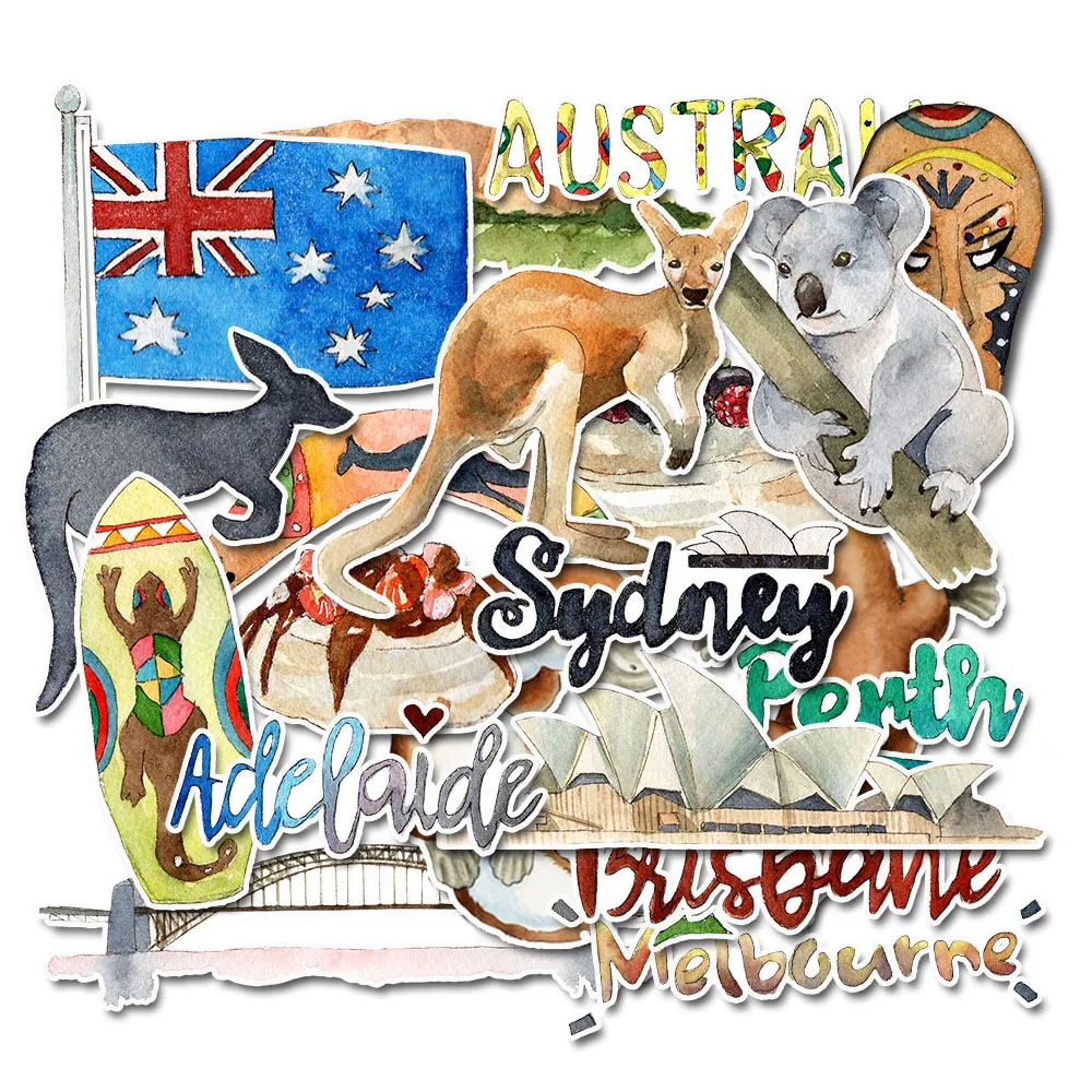 Zestaw 20 akwarelowych naklejek podróżnych Australia - urocze naklejki na butelki z wodą, laptopy, albumy do scrapbookingu, etui na telefon, dekoracje DIY