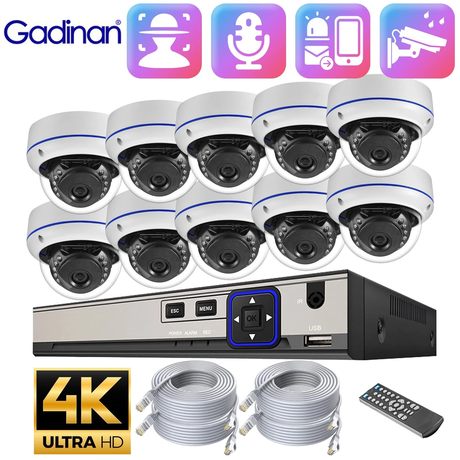 

Купольная система видеонаблюдения Gadinan, 4K, 8 Мп, IP-камеры, 10 каналов, NVR, аудио, CCTV