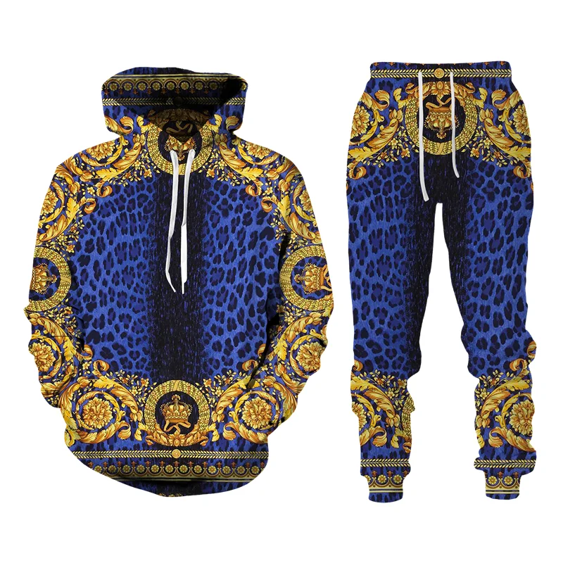 Chándal con estampado 3D de león dorado para hombre y mujer, Sudadera con capucha de cuello redondo y pantalones de talla grande, S-7XL Harajuku