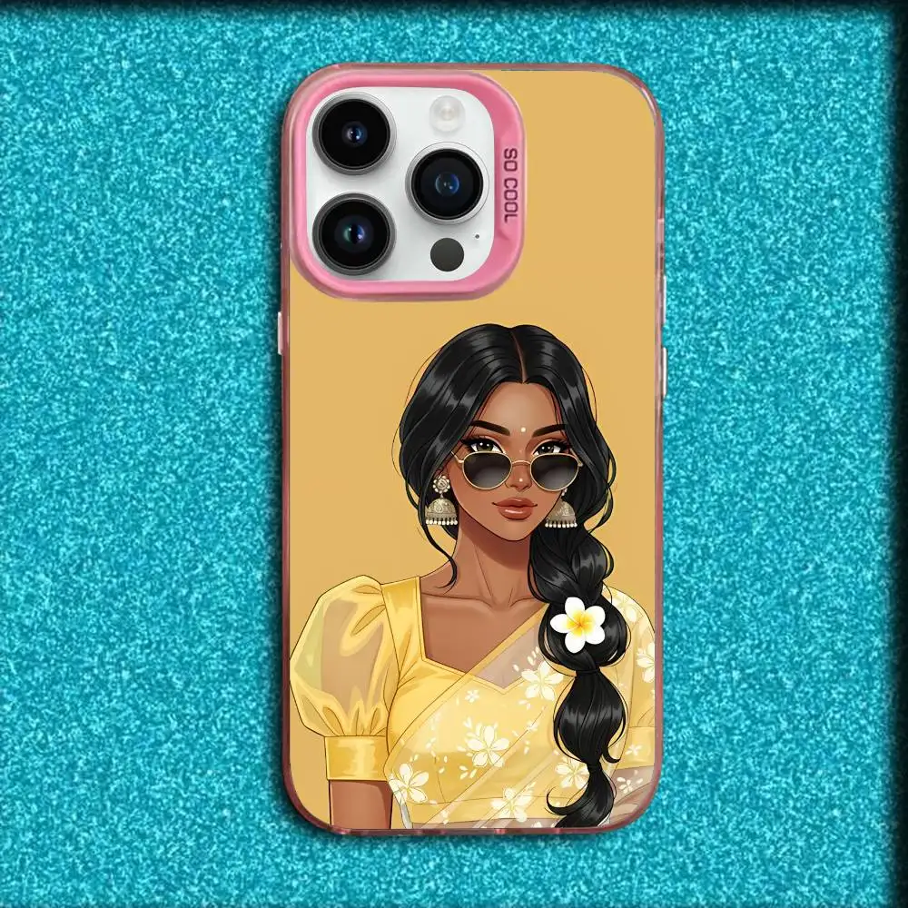 Capa de telefone com ilustração de menina indiana para iPhone 17,16,15,14,13,12,11,Pro,Max,Plus,E,SE4,Air,Mini Pink IMD Box