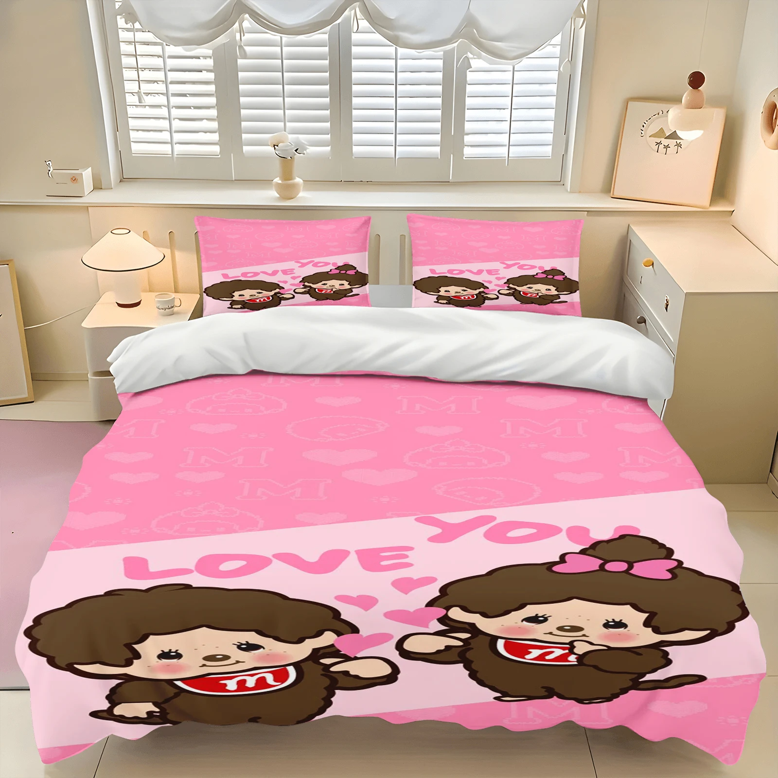Cute Monchhichi Duvet Cover Set Comforter Bedding 3d Children'S Bedding Set 3-Piece 1 Quilt Cover King Size