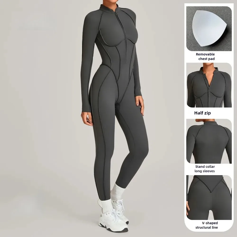 بدلة رياضية للتمرين بنصف سحاب بدون ظهر مفتوح بدلة يوجا للياقة البدنية قماش عالي المرونة ملابس رياضية للجري في الهواء الطلق جديدة #6