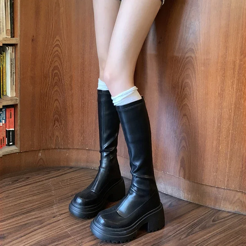 

Зимние женские высокие сапоги рыцаря, модные женские элегантные ботинки на молнии сзади на платформе, длинные ботильоны на плоской подошве, короткая плюшевая женская обувь