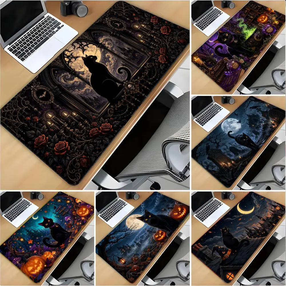 Halloween Halloween Black Cat Mouse Pad Large Mouse Pad Desk Mat Non‑Slip Gaming Board Game Mat with Stitched Edges