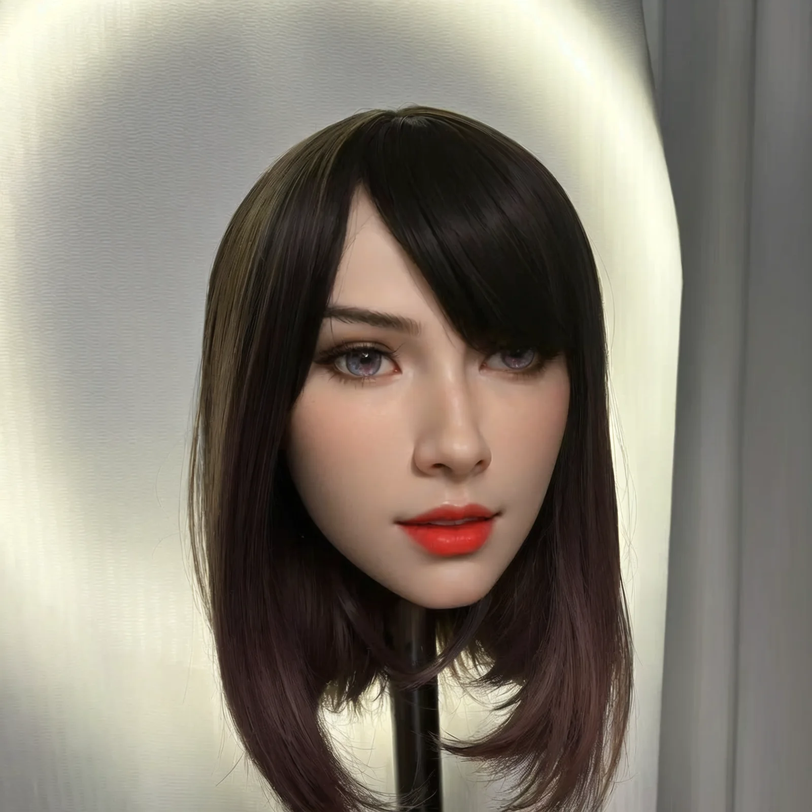 Adult cosmetics and jewelry showcases model heads, male adult toys, special mouth channels - including matching wigs and colored