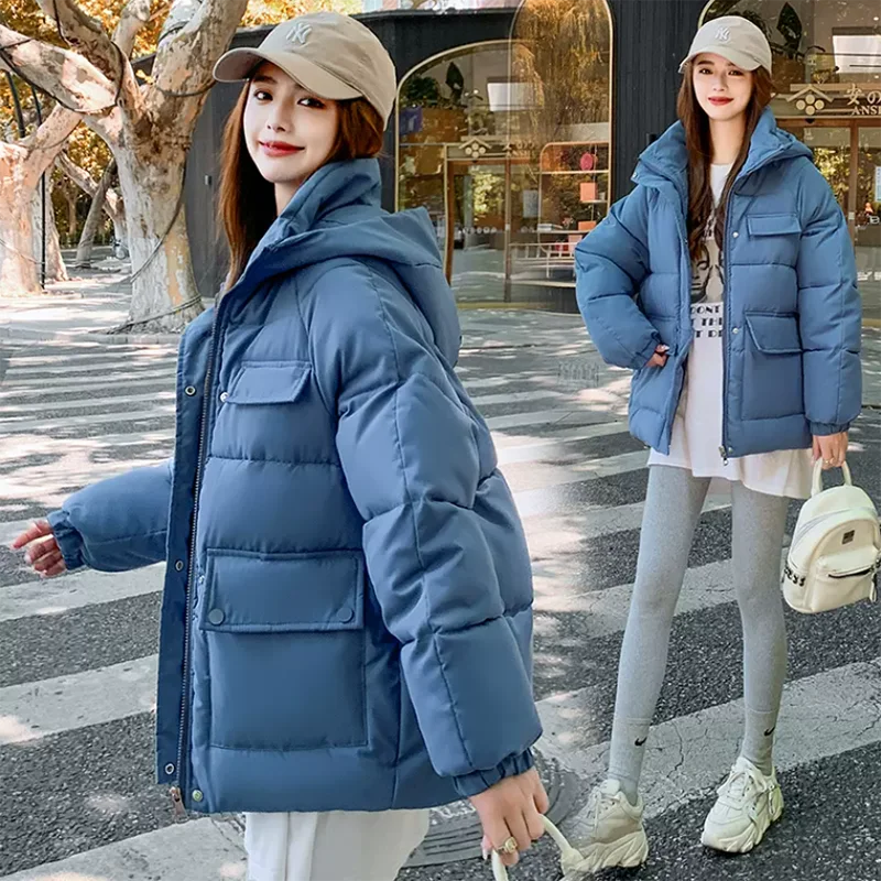 Short Down Cotton-Padded Jacket for Women, Korean Loose Thick Parka, Hooded Warm Jacket, Bread Clothing, Autumn and Winter, 2023