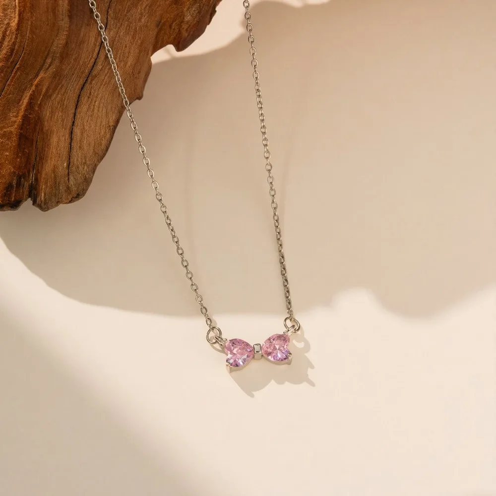 Sweet Girl Stainless Steel Pink Heart Crystal Bow Pendant Necklace Stud Earrings Ring Set for Women Valentine's Day Jewelry Sets