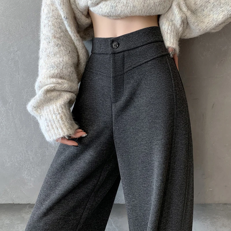 

Костюмные брюки для женщин, элегантные широкие шерстяные брюки с высокой талией для женщин, плиссированные передние брюки с карманом
