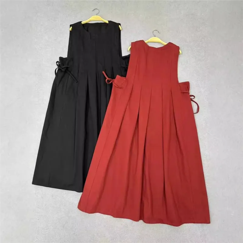 Johnature New Vintage Sleeveless Dress 2024 Vintage Simple Round Neck Press-Pleated Tethered Waist Long Dresses Women