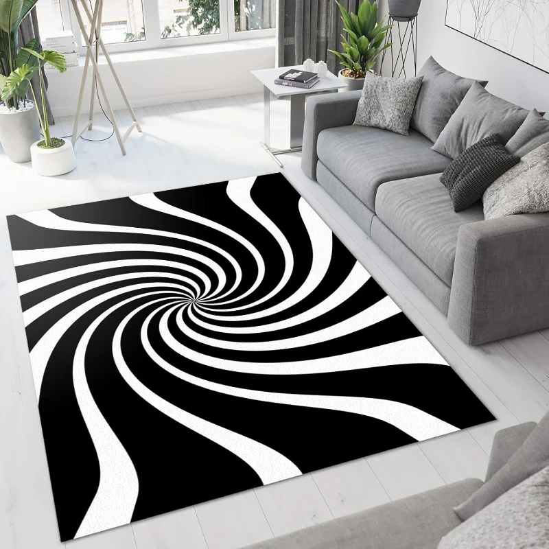 Art Black Background White Lines Indoor Area Rugs Carpet Rug with Non-Slip Backing for Kids Boys Girls Bedroom Dining Room