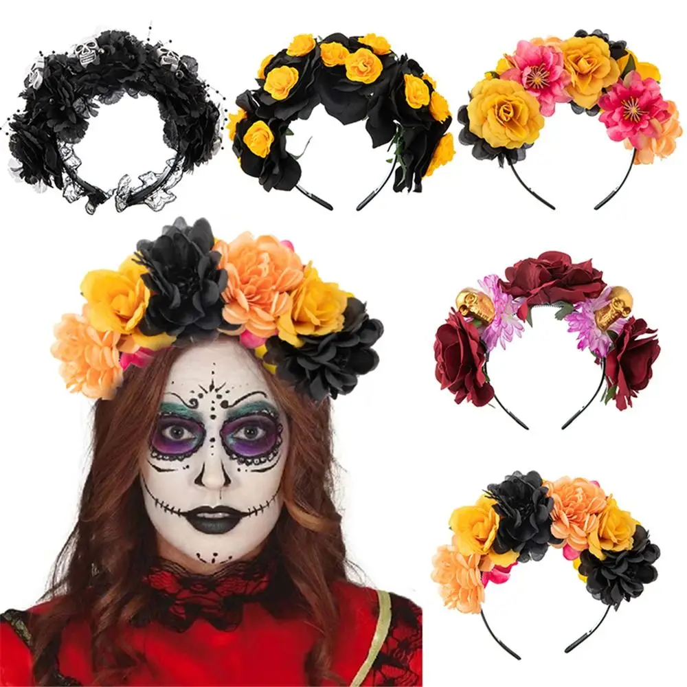 Colorful Day of The Dead Halloween Rose Flower Headband Black Veil Costume Cosplay Flower Headpiece Wedding Party Headwear Women