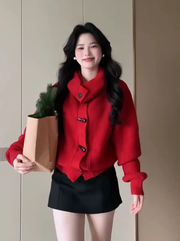 

plus Size Red Button-Up Knitwear Cardigan Lazy Sle Korean Version High-End Feeling Long Sve High Collar Color Top