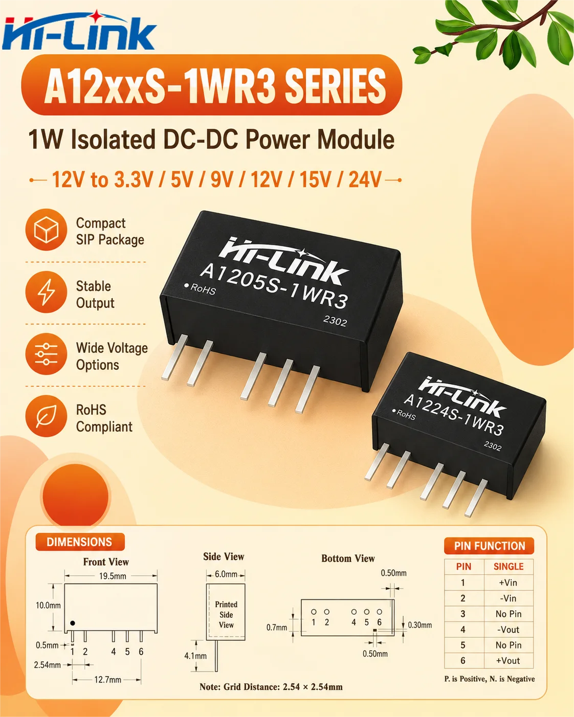 Hi-Link A1205S A1224S 1W Compact SIP Power Inverter 1500VDC Barrier Small Plastic Housing High Efficiency Unadjusted Power Part