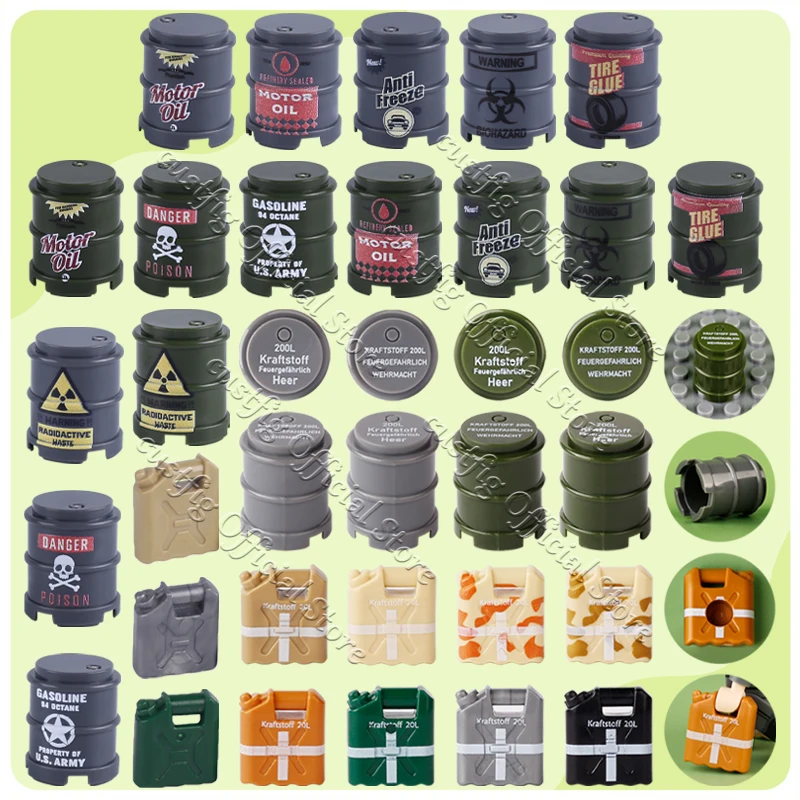WW2 Military Oil Drum Fuel Tank Gas Station Scene Accessories Building Block Army Soldier Figures Obstacle Bottle DIY Bricks Toy