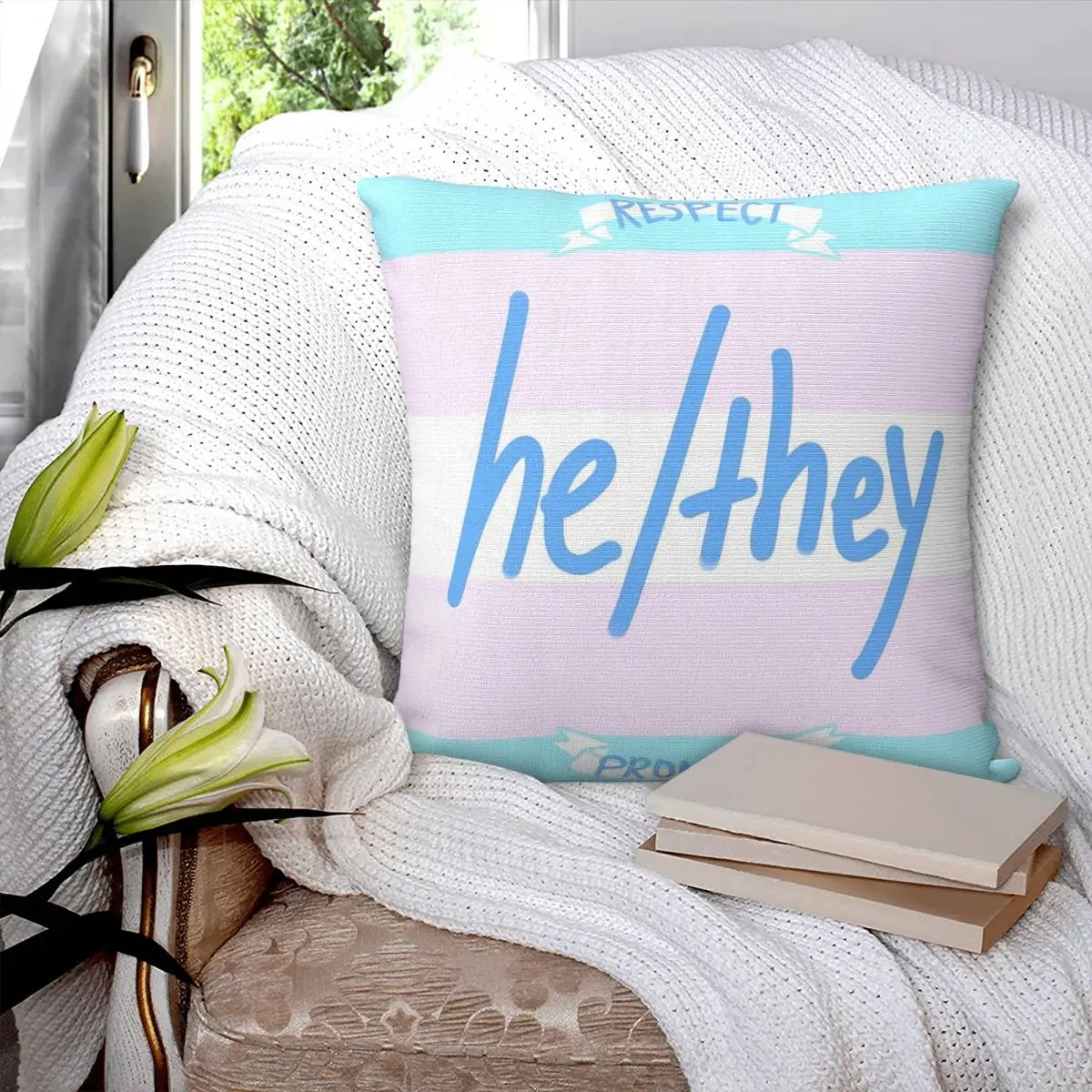 He They Respect Pronouns Butto Square Pillowcase Pillow Cover Polyester Cushion Decor Comfort Throw Pillow for Home Car