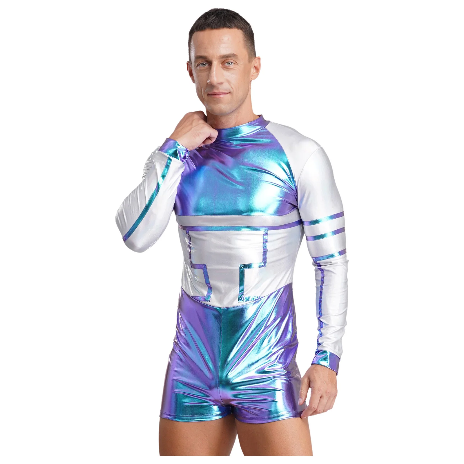 

Mens Futuristic Alien Robot Jumpsuit Metallic Shine Contrast Color Panels Back Zipper Bodysuit for Space Astronaut Role Play
