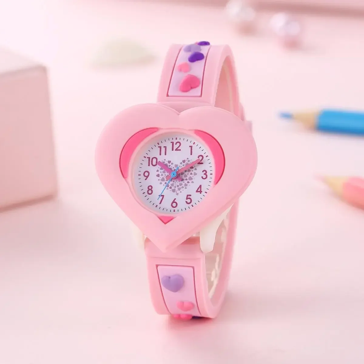 Relógios em forma de coração infantil, 3D Cartoon Watch, Silicone, Cute Kid Relógio De Pulso, Aprendendo Relógio De Quartzo, Relógio Presente, Amor, Novo