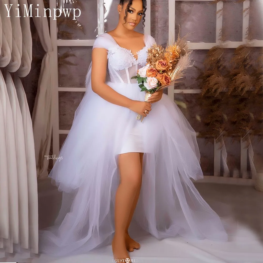 

YiMinpwp White Bride Robes Off Shoulder Front Split Tiered Appliques Aso Ebi Bridal Shower Dress Wedding Gown robes de mariee