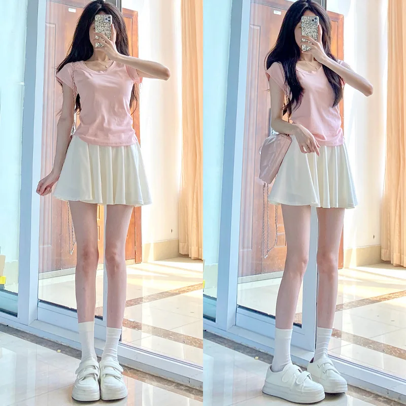 กระโปรงพลีทสีขาวโดปามีน ผู้หญิง ฤดูร้อนใหม่ เอวสูง กระชับสัดส่วน นักเรียน ผ้าไหมน้ำแข็ง JK กันแสง กระโปรงครึ่งท่อน