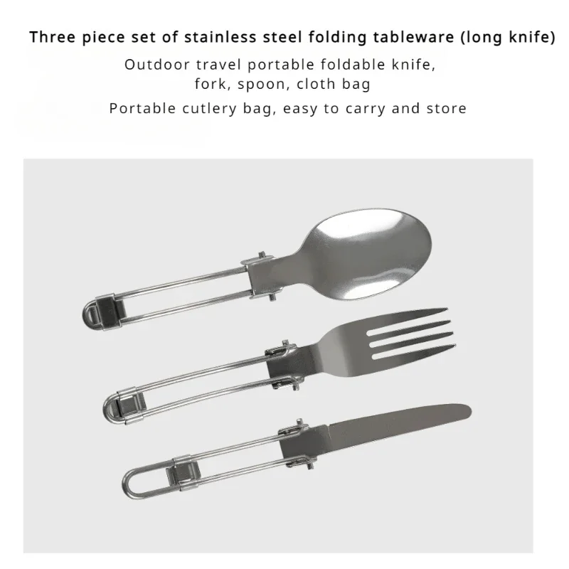 Portable cutlery set, outdoor travel stainless steel folding cutlery three piece set, folding knife fork spoon cloth bag