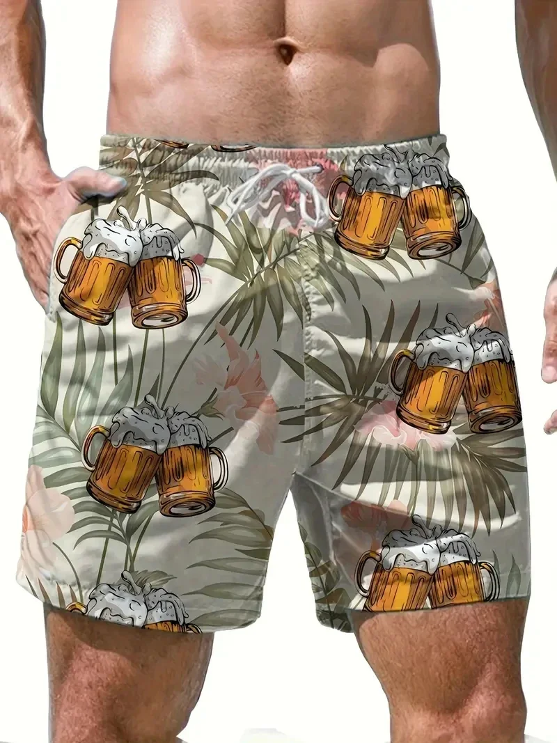 Retro Island Plant 3D Print Beach Shorts for Men, Adjustable Drawstring Waist Vacation Design Versatile for Surfing and Swimming