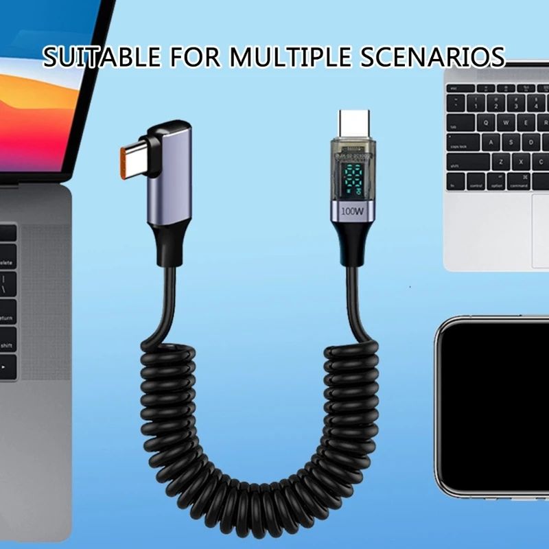 Kabel Data pegas USB Tipe C, kabel pengisian daya Cepat PD100W siku 90 derajat dengan tampilan Digital untuk laptop tablet ponsel
