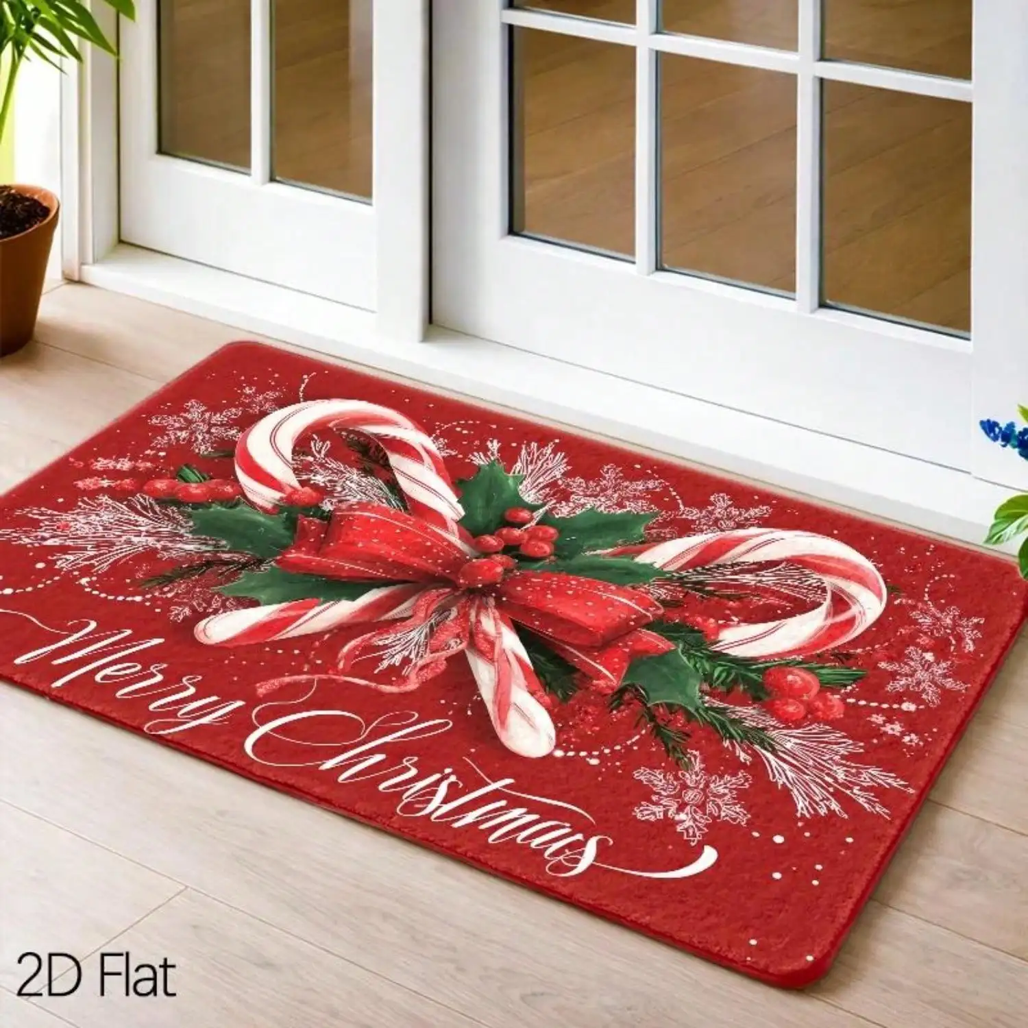 1pc, 2D Flat Foot Mat, Candy Cane Holly Christmas Theme Floor Mat, Watercolor Festive Holiday Painting Style, Merry Christmas Festival Vocabulary, Red