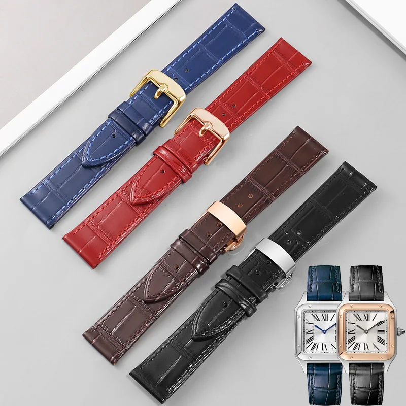 Leather Strap Substitute For Tank Barrel SANTOS Dumont Series Women's Ultra-thin Cowhide Watchband 16/17/18/19/20/21/22/23/24mm