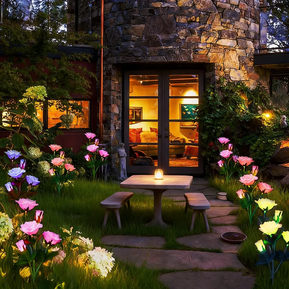 

Outdoor Solar 5-heads Rose Flower Wedding Christmas Decoration Summer Garden Lights LED Lawn Lamp for Party Yard Holiday Light