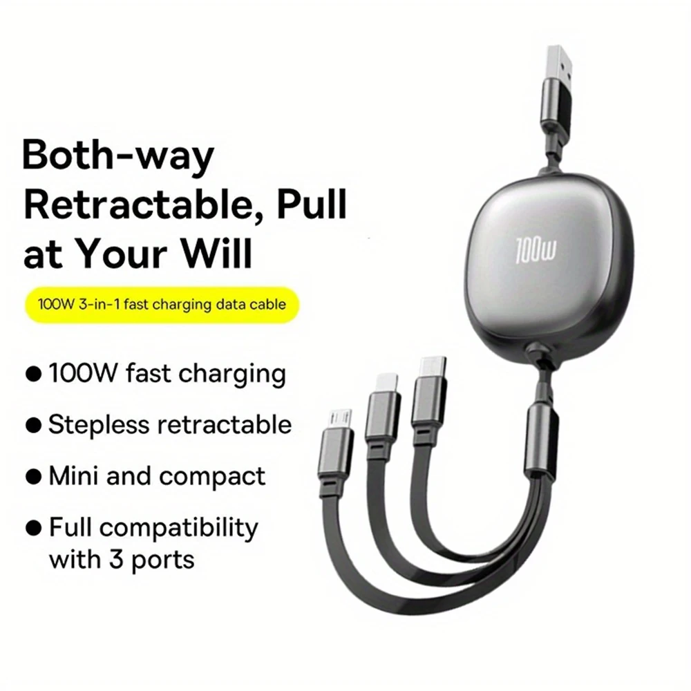 Câble de charge rapide rétractable USB vers Type-C Micro 3 en 1 120W pour iPhone 14 13 12 11 Pro Max 7 8 Samsung S24 Xiaomi