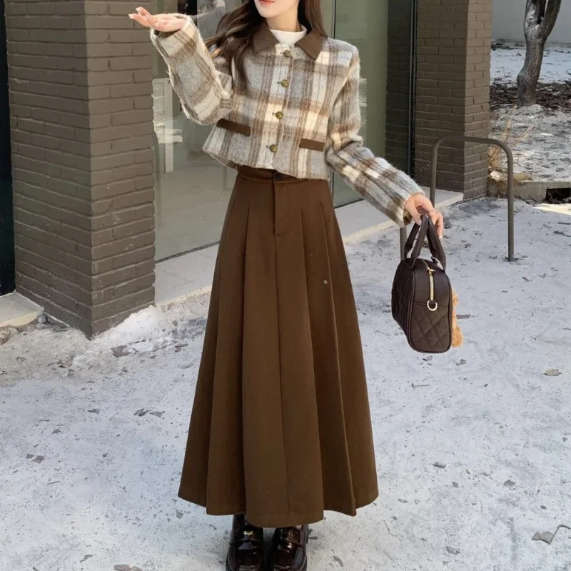 Terno de saia linha A manga comprida feminino, tops de lapela vintage, jaqueta curta de Tweed, cintura alta, saias plissadas longas, marrom, elegante, Y2K