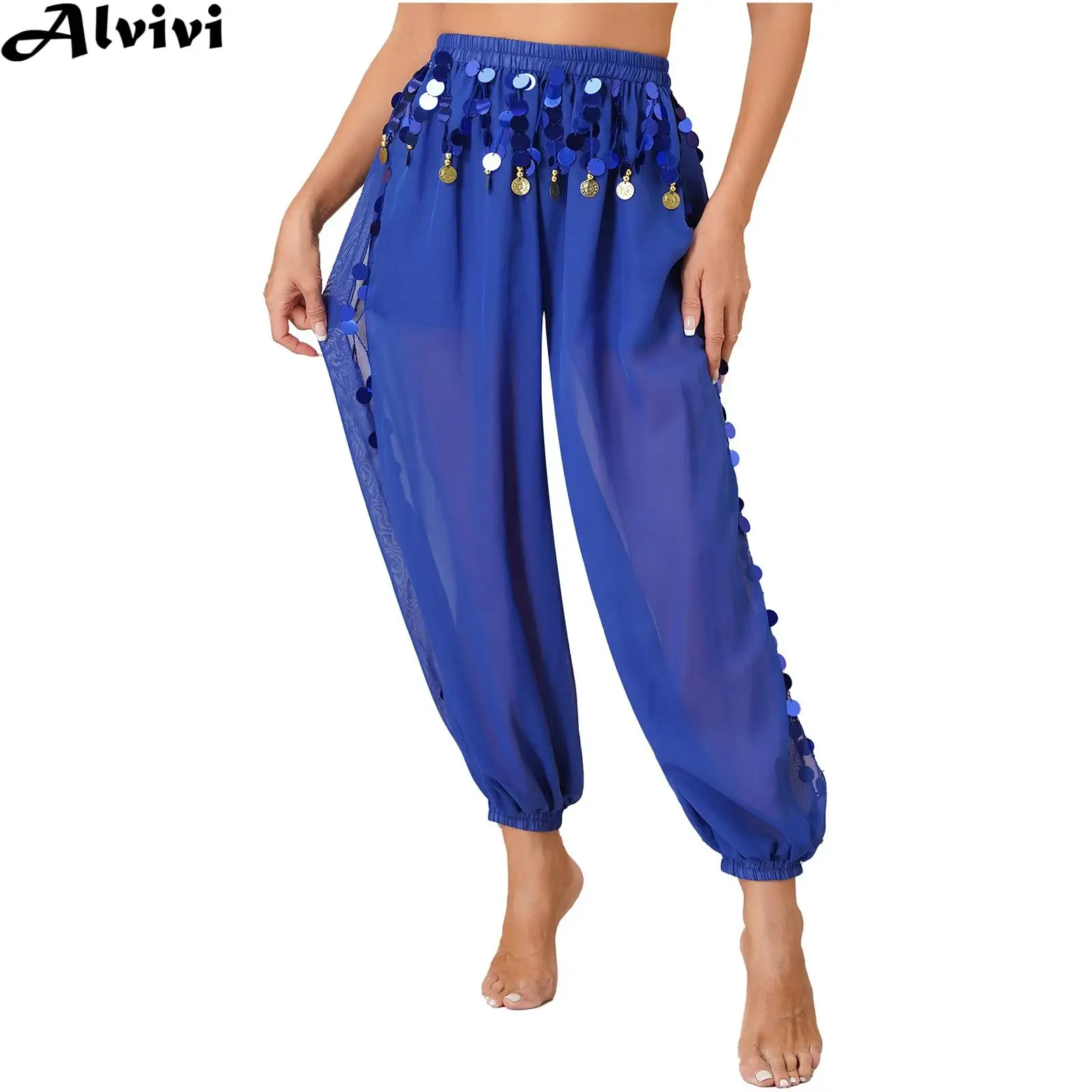 

Women Belly Dancing Pants Sequins Side Split Semi See-Though Loose Bloomers Trousers for Indian Dance Party Stage Performance